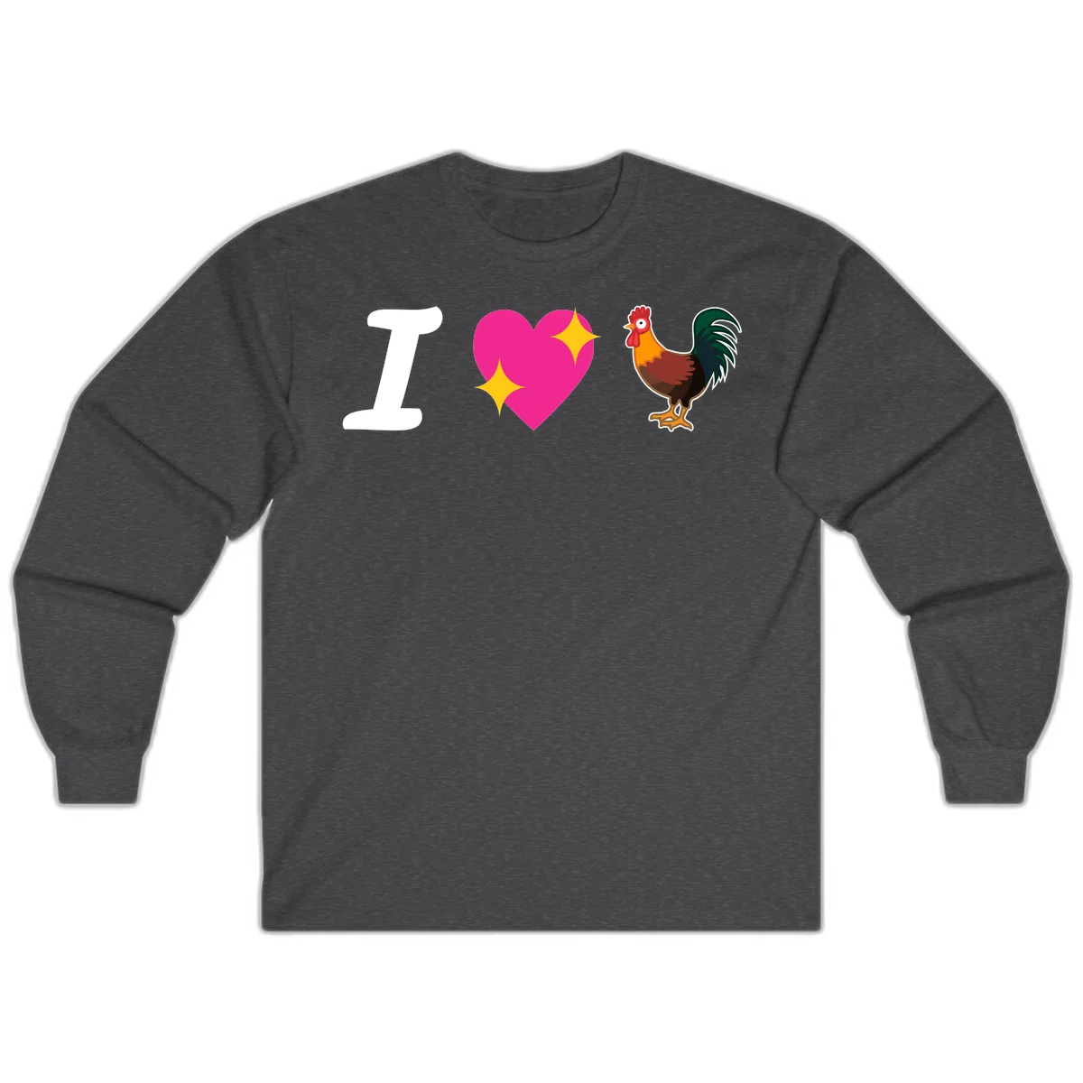 I love rooster design featuring large white I, pink sparkly heart, and colorful rooster illustration on gray background in Dark Heather