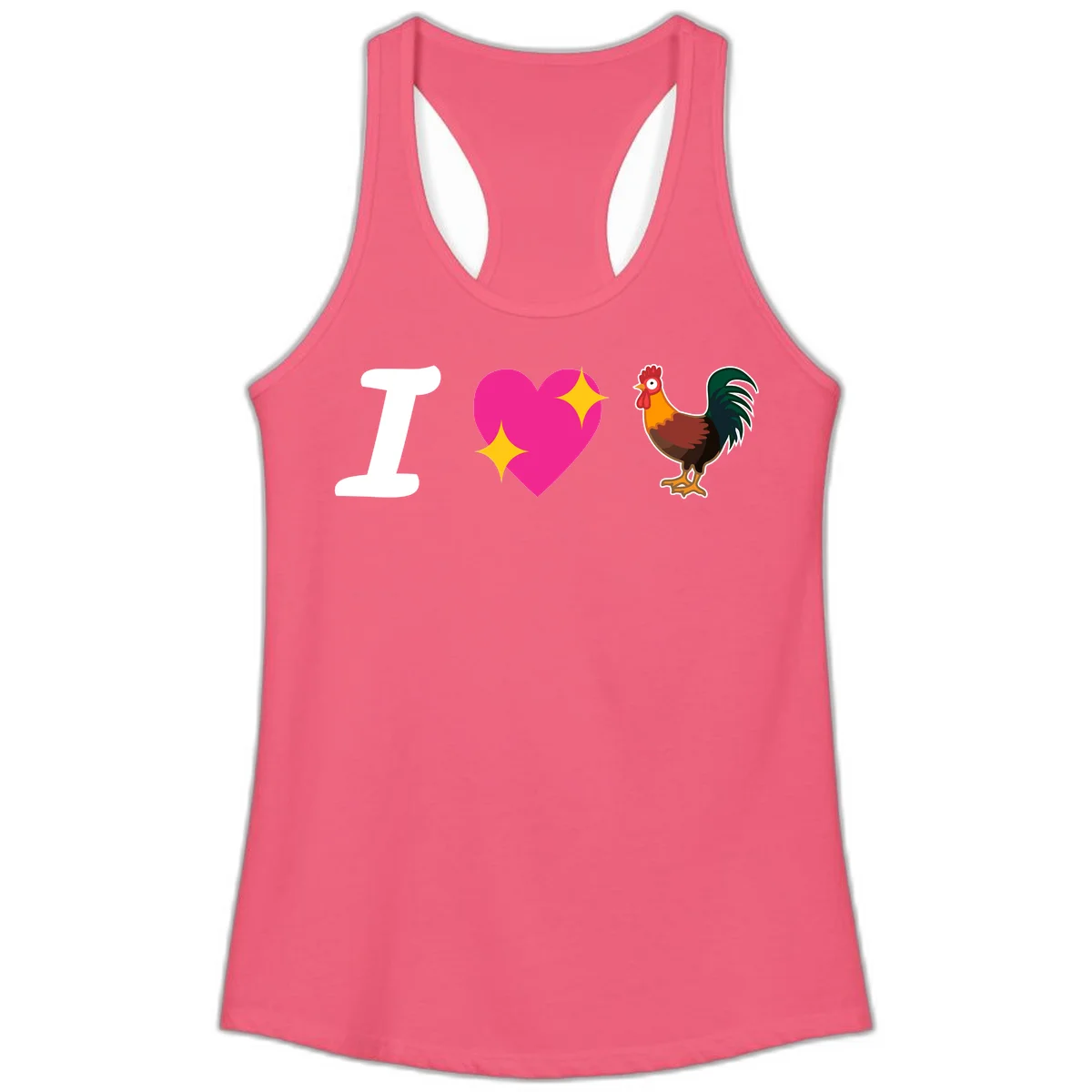 I love rooster design featuring large white I, pink sparkly heart, and colorful rooster illustration on gray background in Hot Pink
