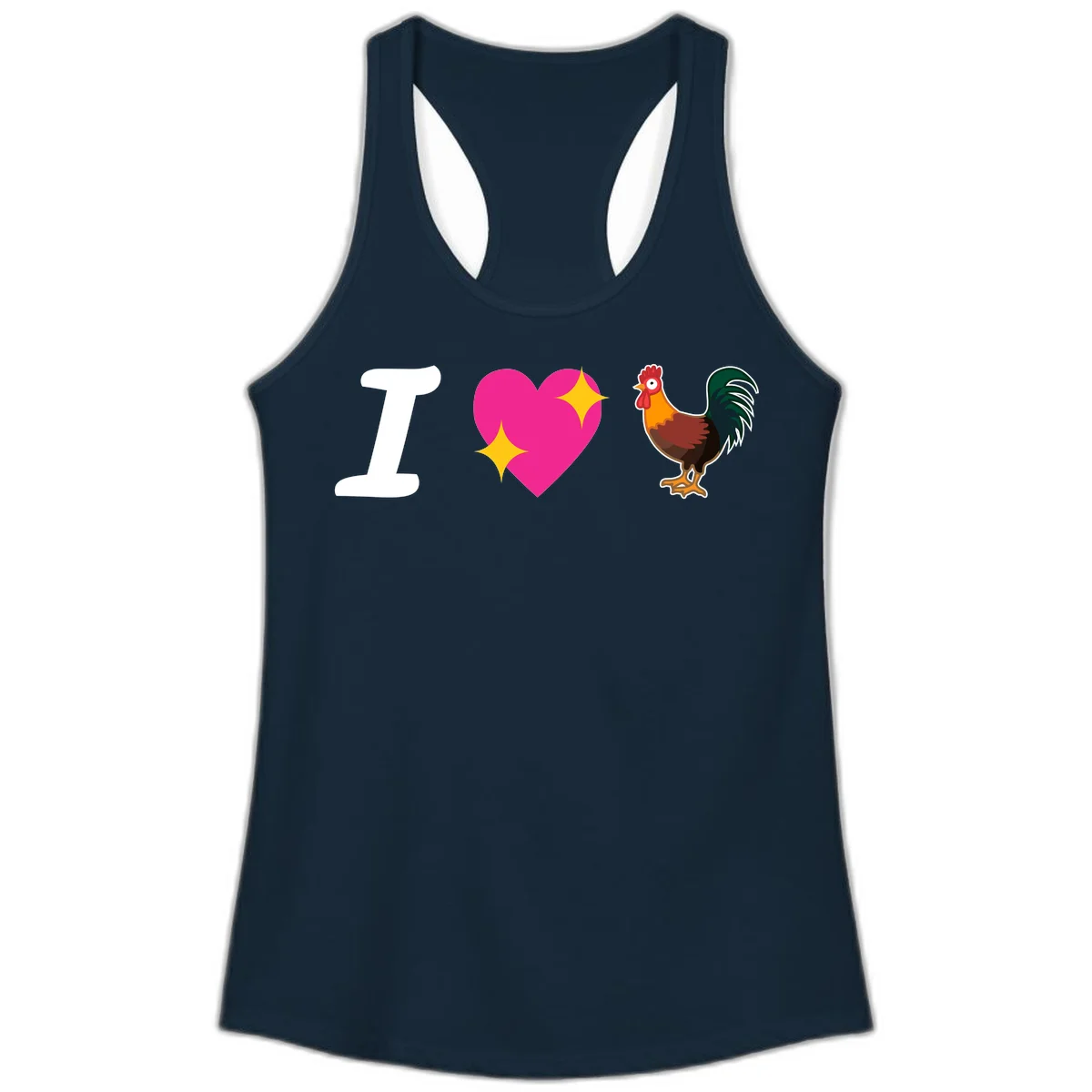 I love rooster design featuring large white I, pink sparkly heart, and colorful rooster illustration on gray background in Solid Midnight Navy