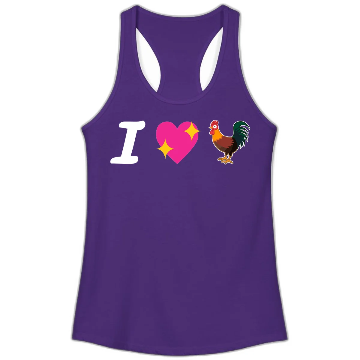 I love rooster design featuring large white I, pink sparkly heart, and colorful rooster illustration on gray background in Solid Purple Rush