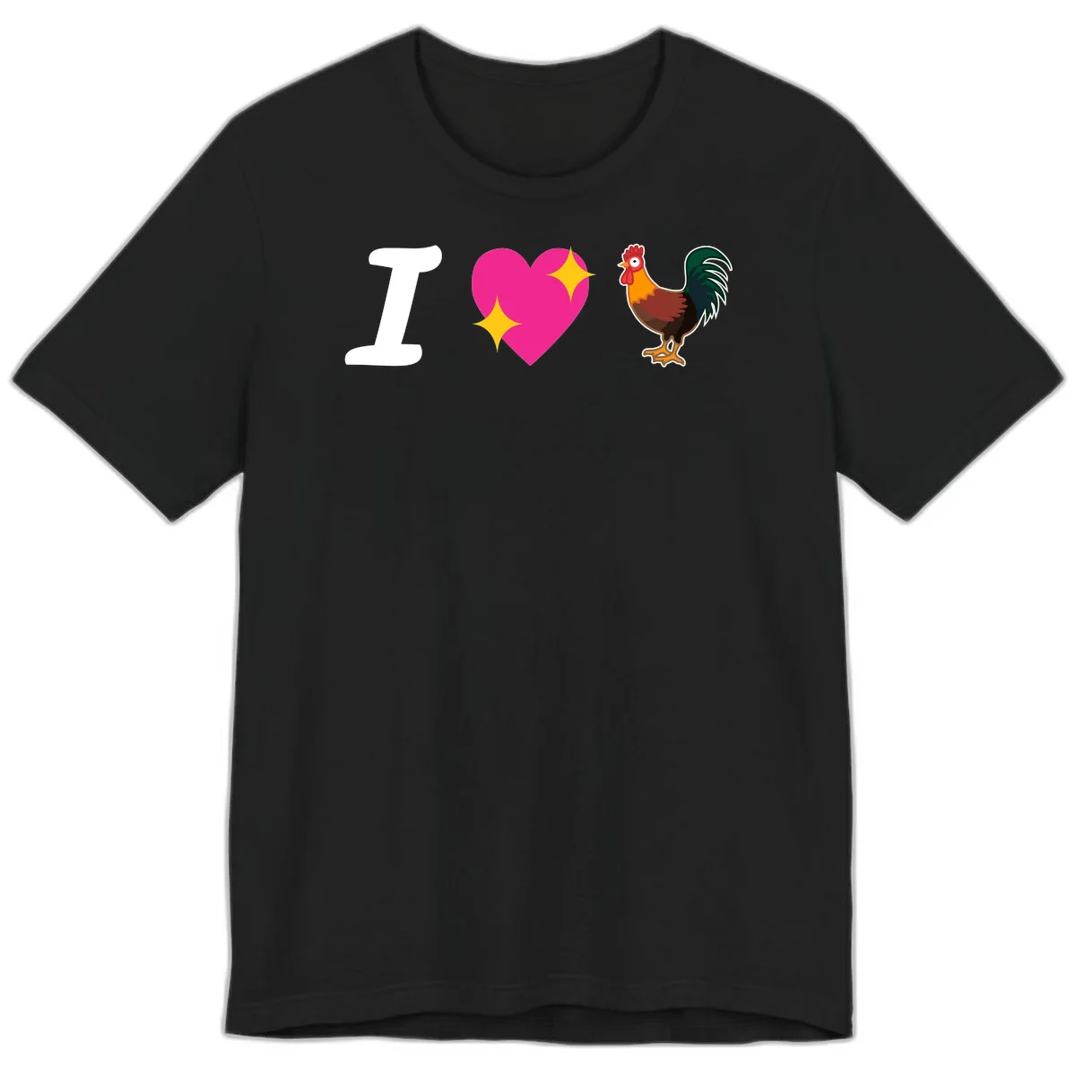 I love rooster design featuring large white I, pink sparkly heart, and colorful rooster illustration on gray background in Black