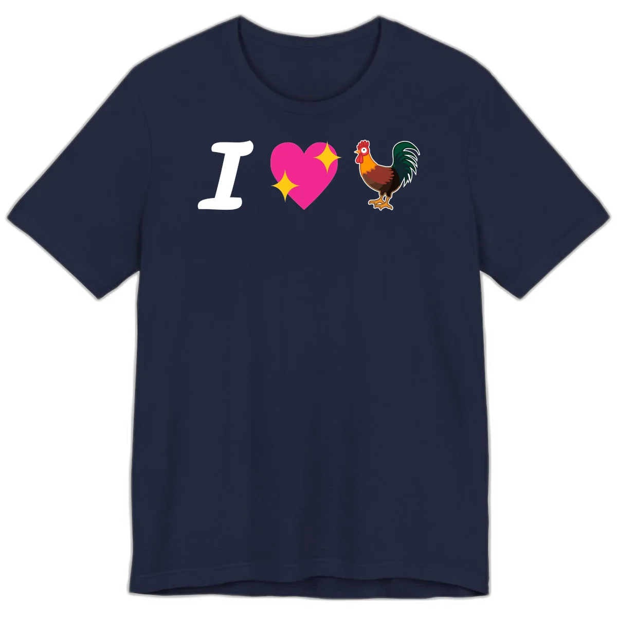 I love rooster design featuring large white I, pink sparkly heart, and colorful rooster illustration on gray background in Navy