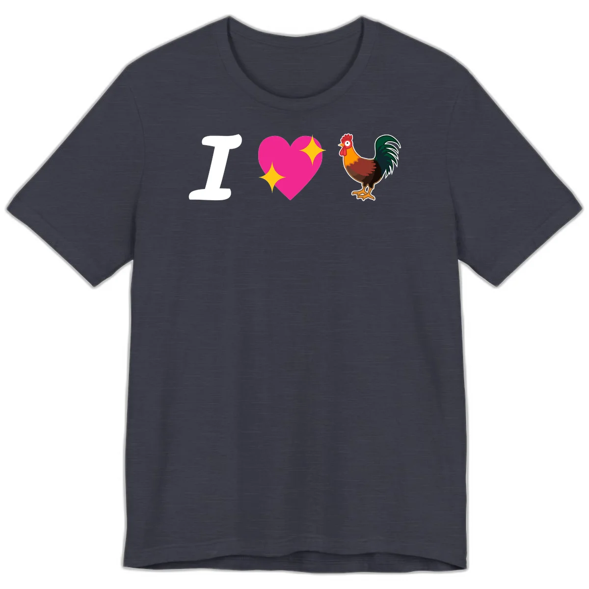 I love rooster design featuring large white I, pink sparkly heart, and colorful rooster illustration on gray background in Heather Midnight Navy