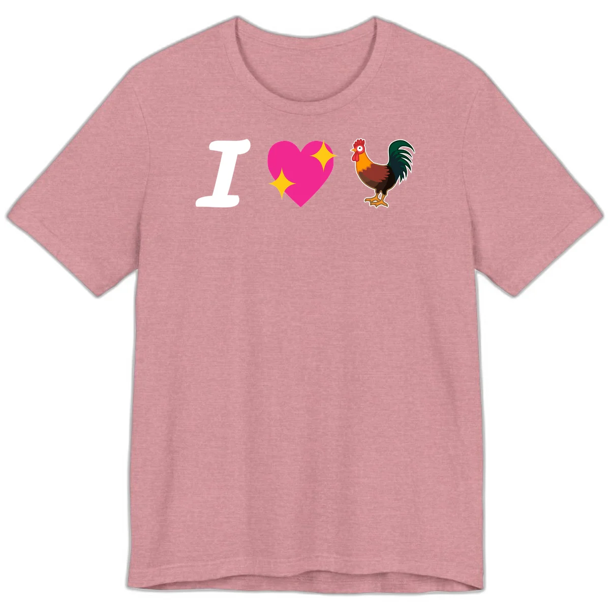 I love rooster design featuring large white I, pink sparkly heart, and colorful rooster illustration on gray background in Heather Orchid