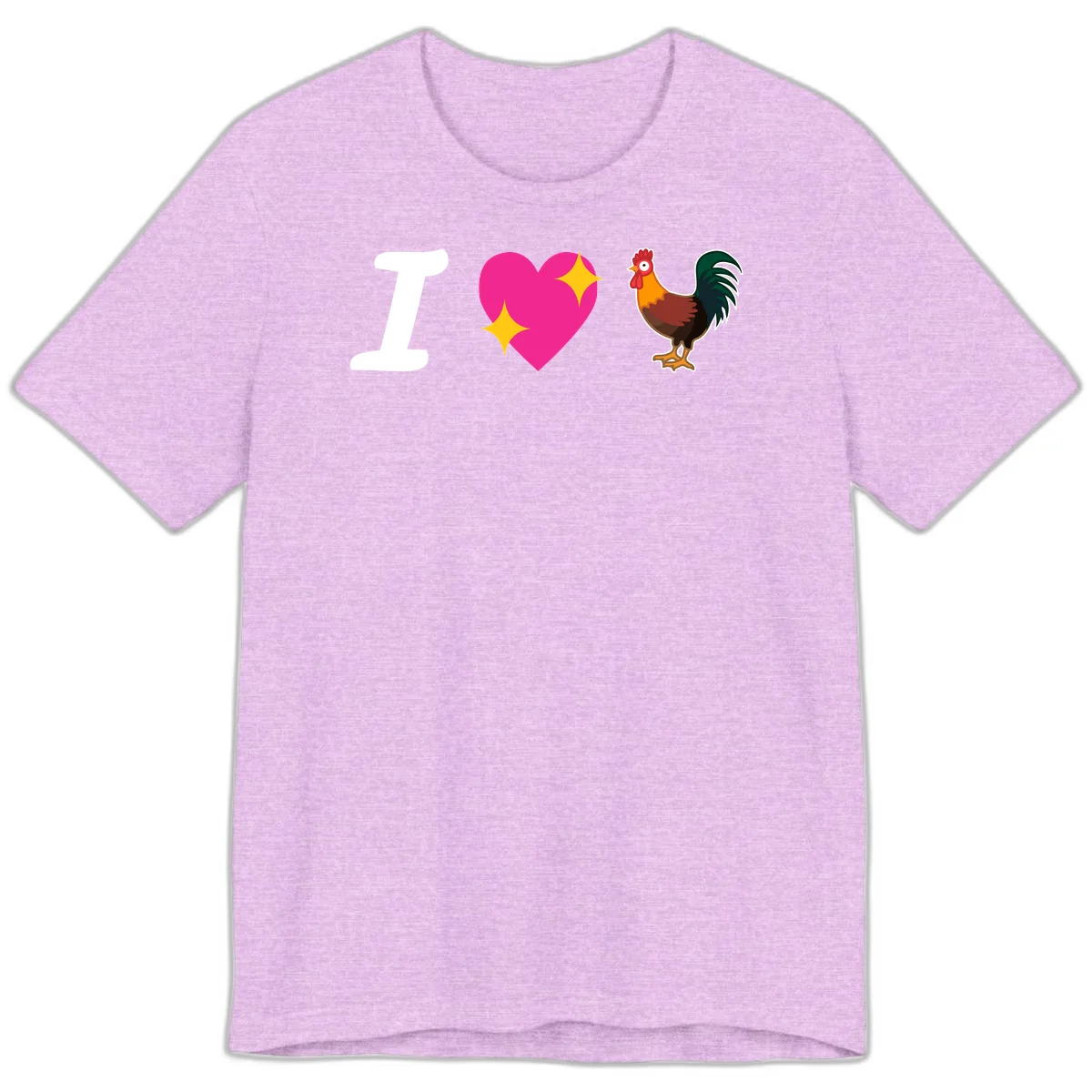 I love rooster design featuring large white I, pink sparkly heart, and colorful rooster illustration on gray background in Heather Prism Lilac