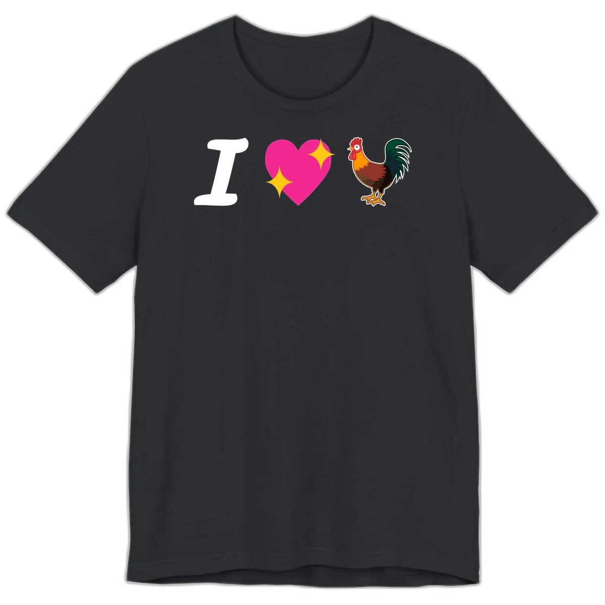 I love rooster design featuring large white I, pink sparkly heart, and colorful rooster illustration on gray background in Vintage Black