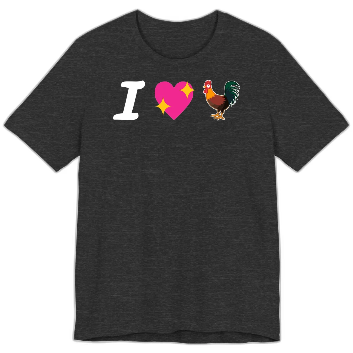 I love rooster design featuring large white I, pink sparkly heart, and colorful rooster illustration on gray background in Dark Grey Heather