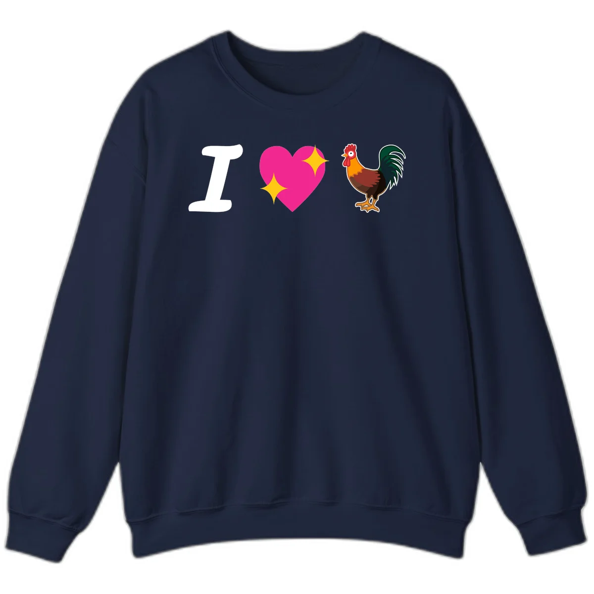 I love rooster design featuring large white I, pink sparkly heart, and colorful rooster illustration on gray background in Navy