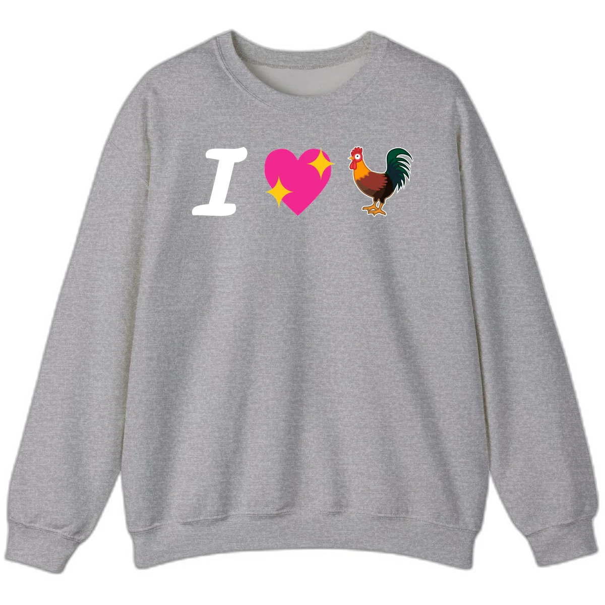 I love rooster design featuring large white I, pink sparkly heart, and colorful rooster illustration on gray background in Sport Grey
