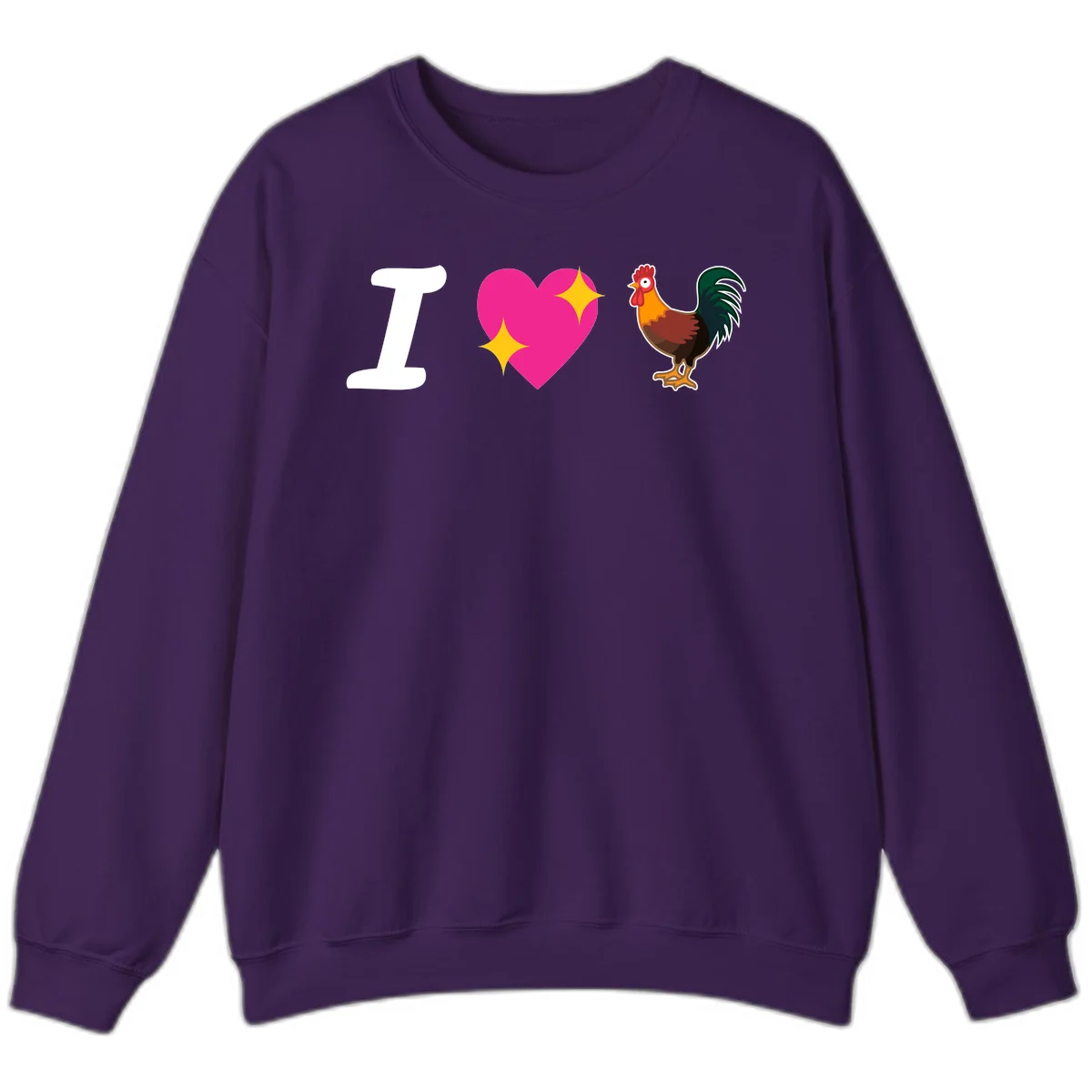 I love rooster design featuring large white I, pink sparkly heart, and colorful rooster illustration on gray background in Purple