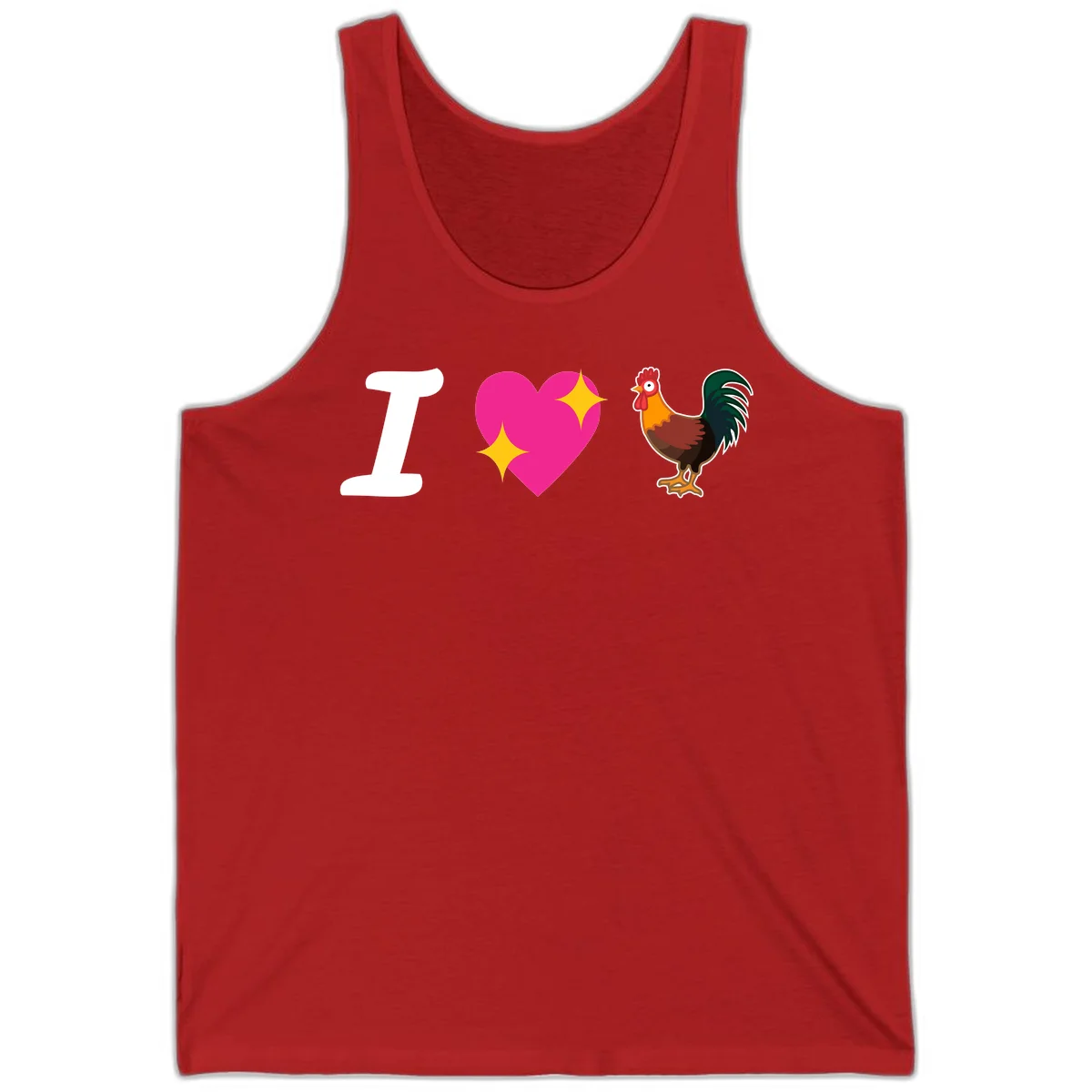 I love rooster design featuring large white I, pink sparkly heart, and colorful rooster illustration on gray background in Red