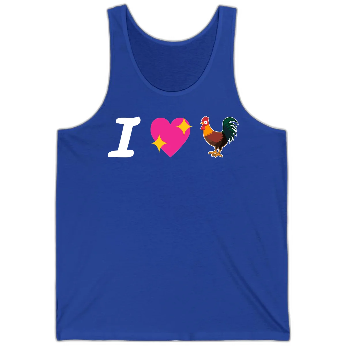 I love rooster design featuring large white I, pink sparkly heart, and colorful rooster illustration on gray background in True Royal