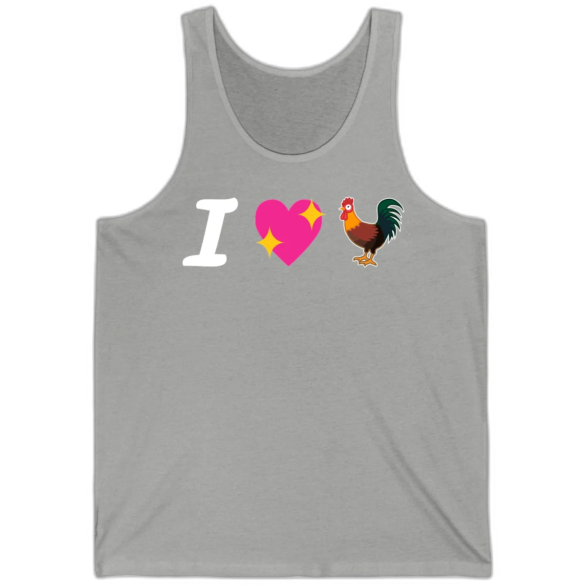 I love rooster design featuring large white I, pink sparkly heart, and colorful rooster illustration on gray background in Athletic Heather