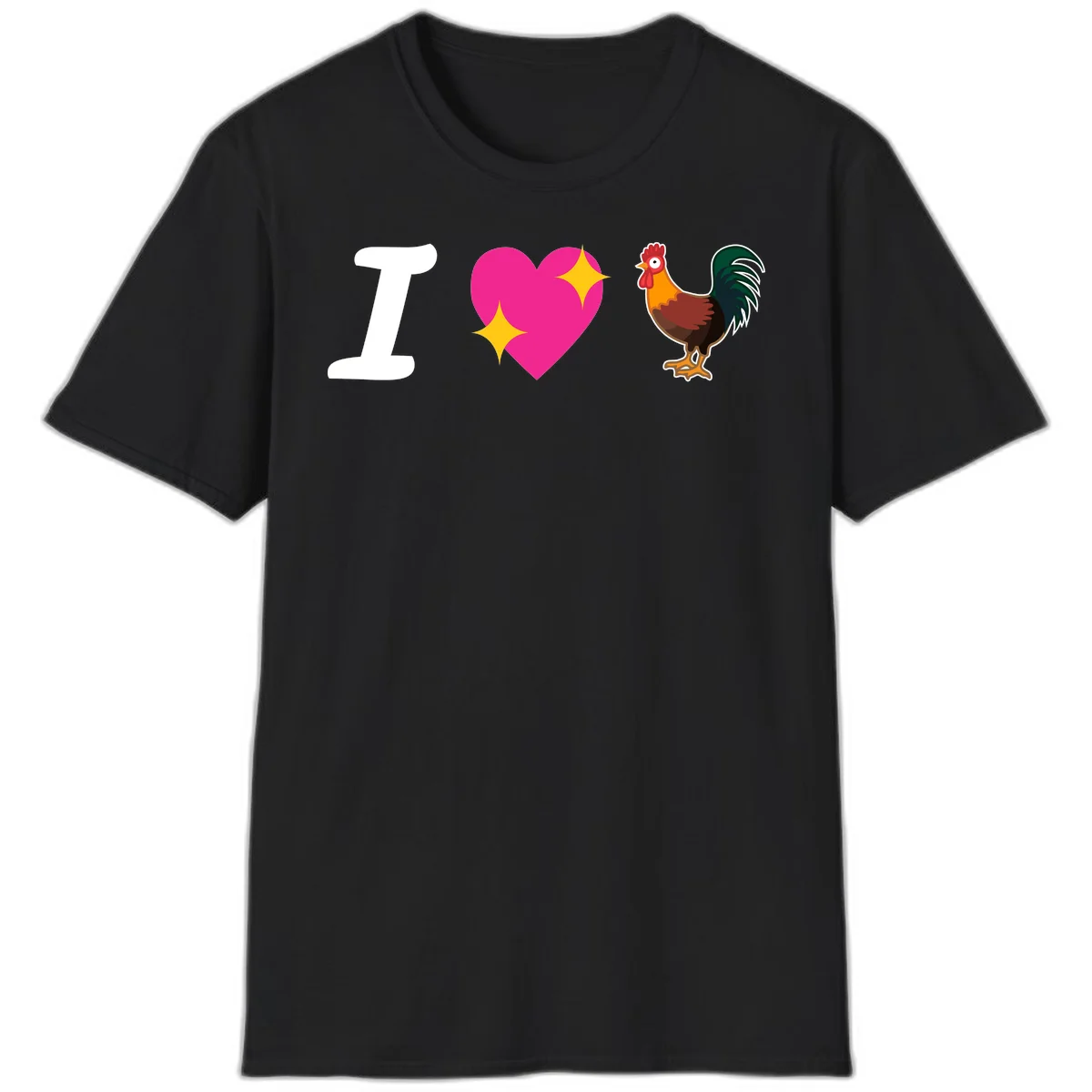 I love rooster design featuring large white I, pink sparkly heart, and colorful rooster illustration on gray background in Black