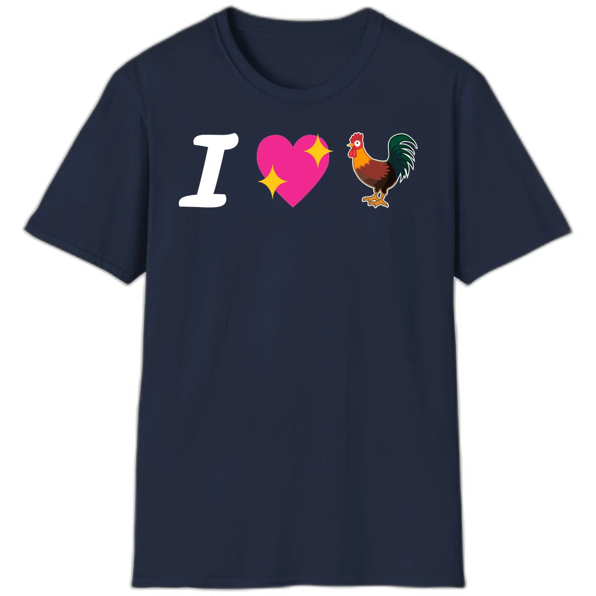 I love rooster design featuring large white I, pink sparkly heart, and colorful rooster illustration on gray background in Navy
