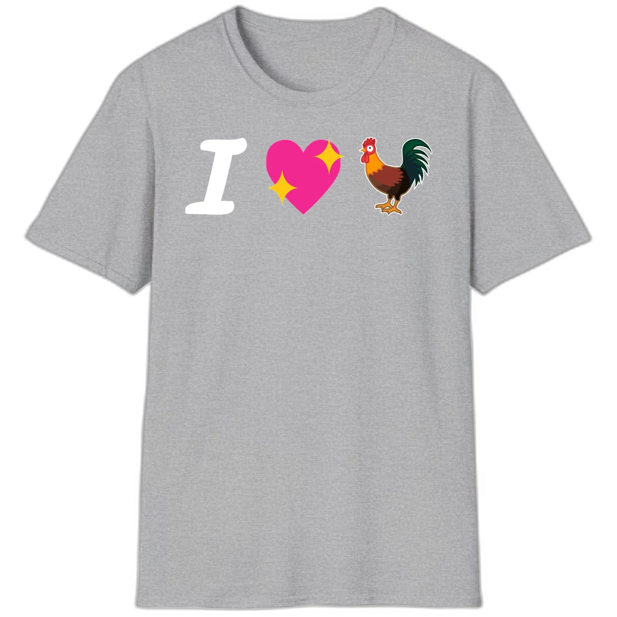 I love rooster design featuring large white I, pink sparkly heart, and colorful rooster illustration on gray background in Sport Grey