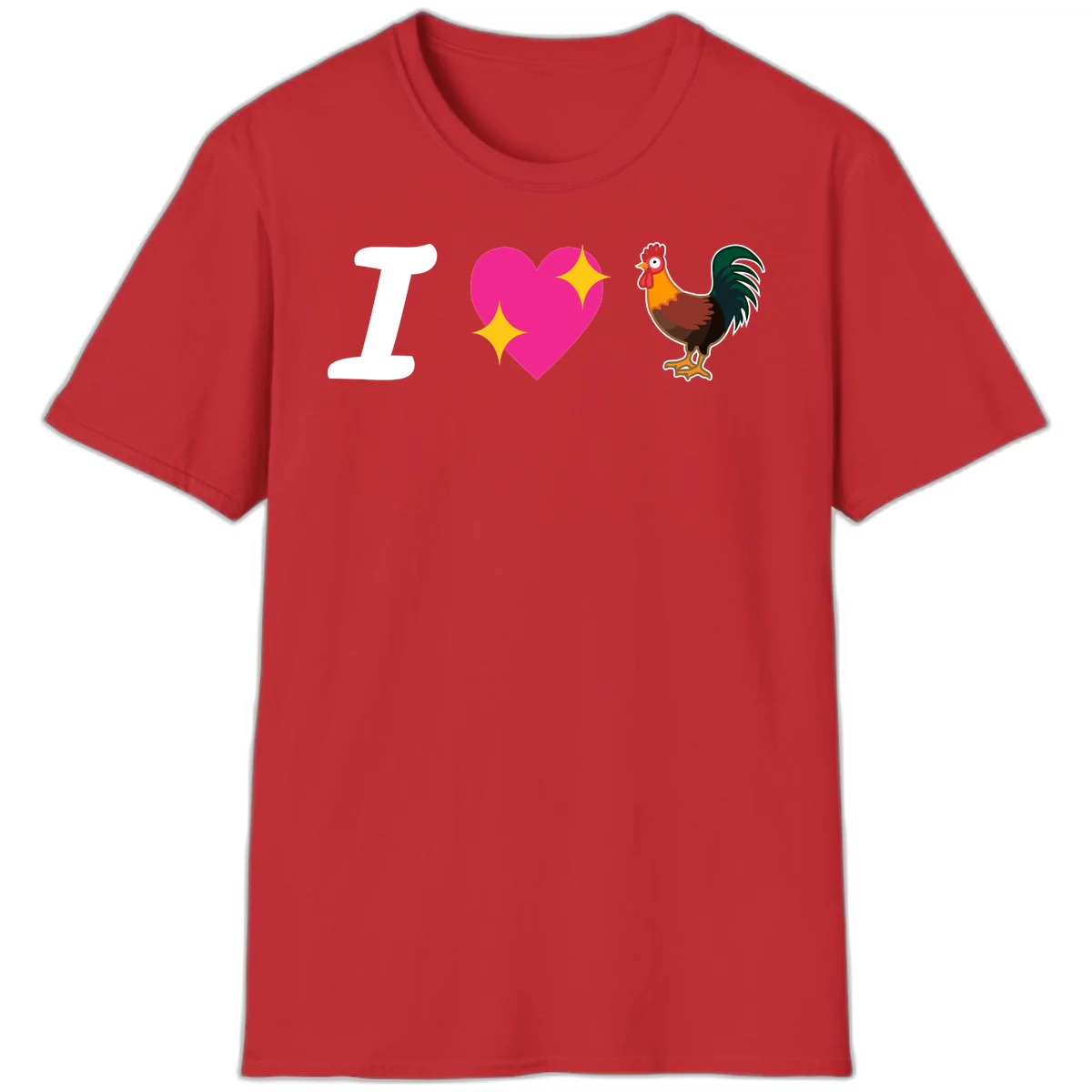 I love rooster design featuring large white I, pink sparkly heart, and colorful rooster illustration on gray background in Red