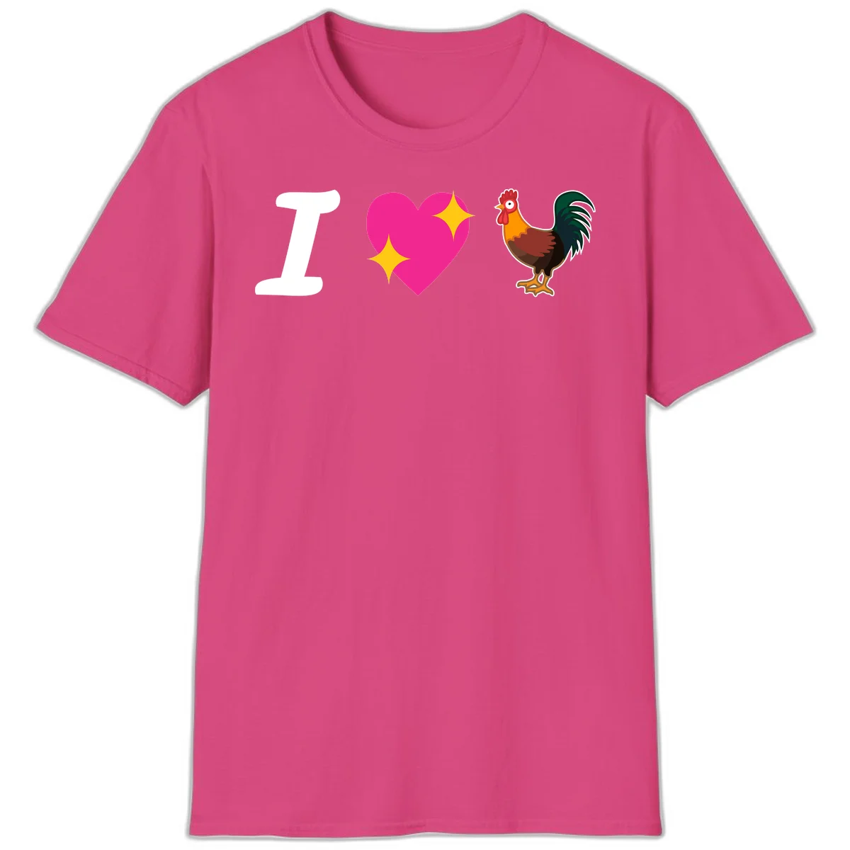 I love rooster design featuring large white I, pink sparkly heart, and colorful rooster illustration on gray background in Heliconia