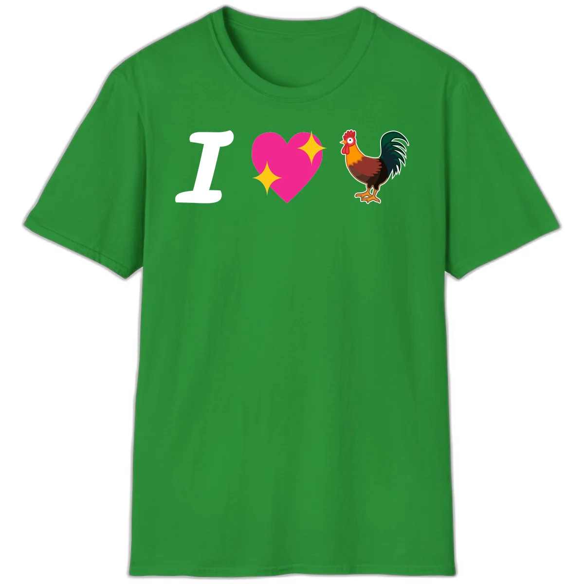 I love rooster design featuring large white I, pink sparkly heart, and colorful rooster illustration on gray background in Irish Green