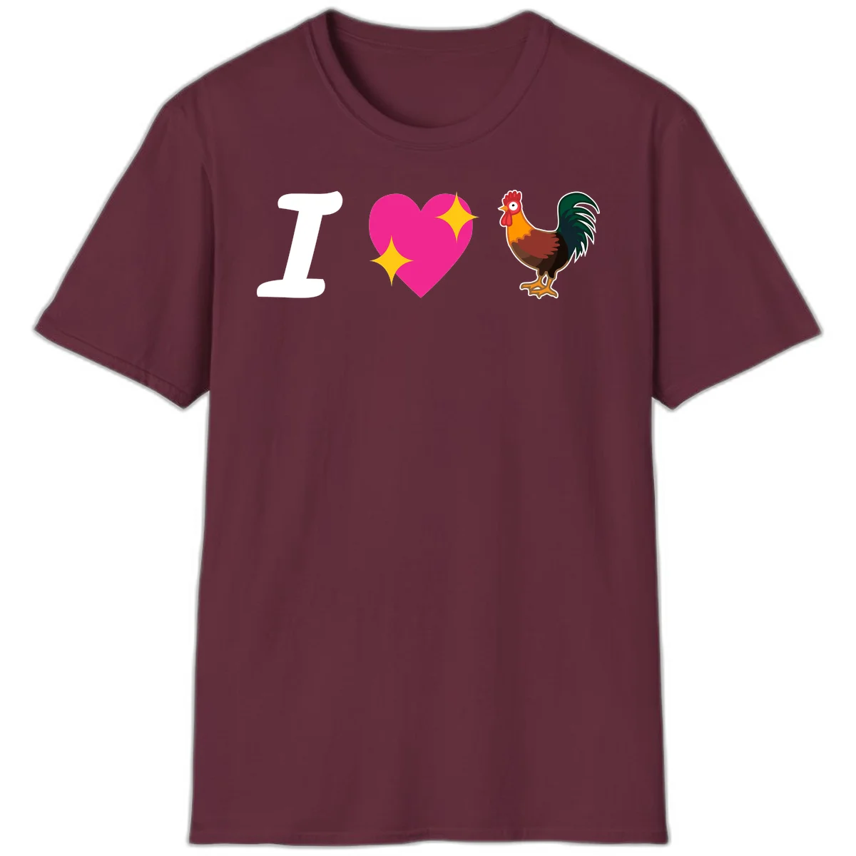I love rooster design featuring large white I, pink sparkly heart, and colorful rooster illustration on gray background in Maroon