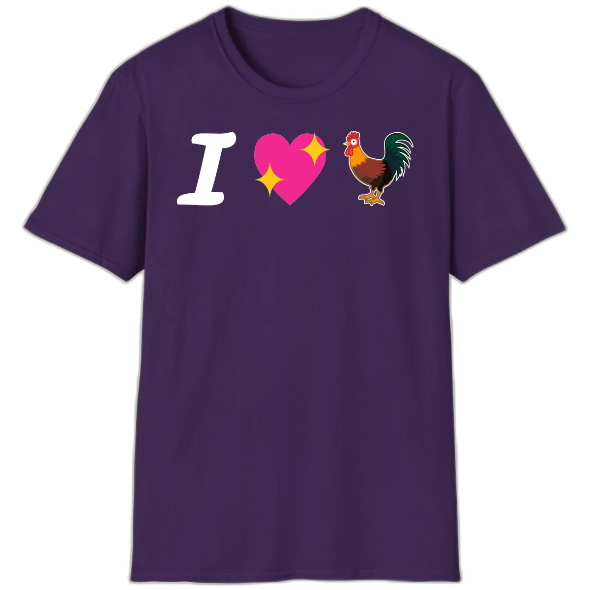 I love rooster design featuring large white I, pink sparkly heart, and colorful rooster illustration on gray background in Purple