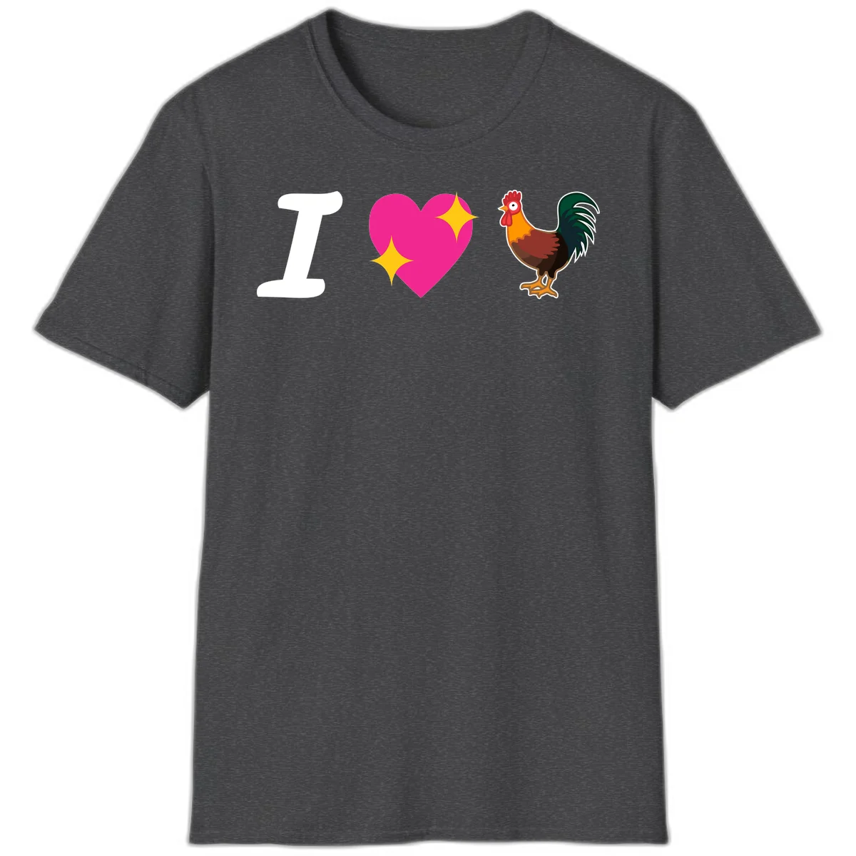 I love rooster design featuring large white I, pink sparkly heart, and colorful rooster illustration on gray background in Dark Heather