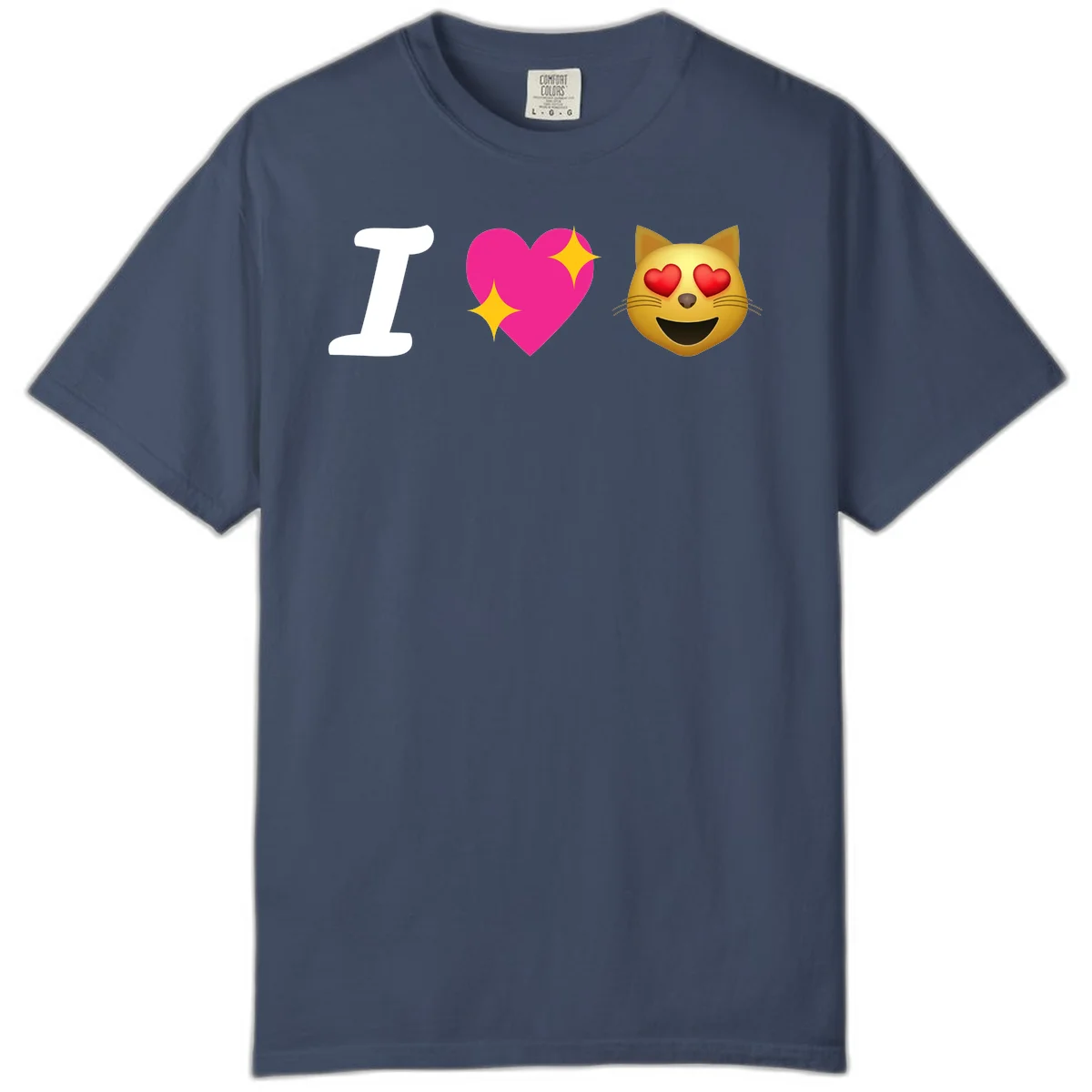 I love cats design with letter I, pink heart with sparkles, and smiling cat face with red heart eyes in Midnight