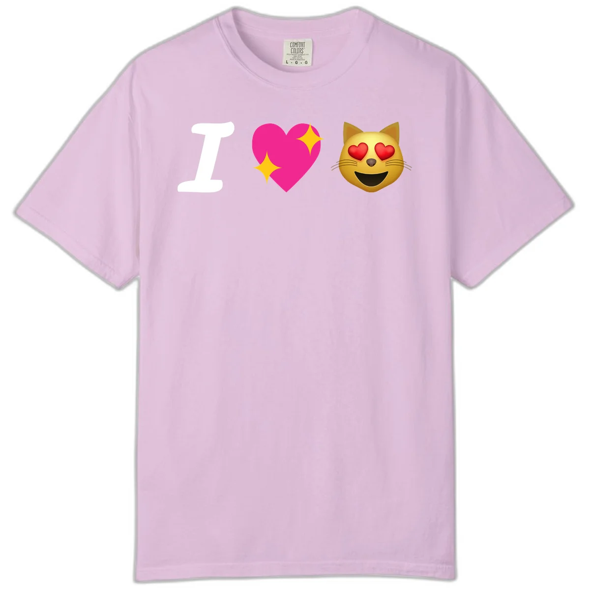 I love cats design with letter I, pink heart with sparkles, and smiling cat face with red heart eyes in Orchid