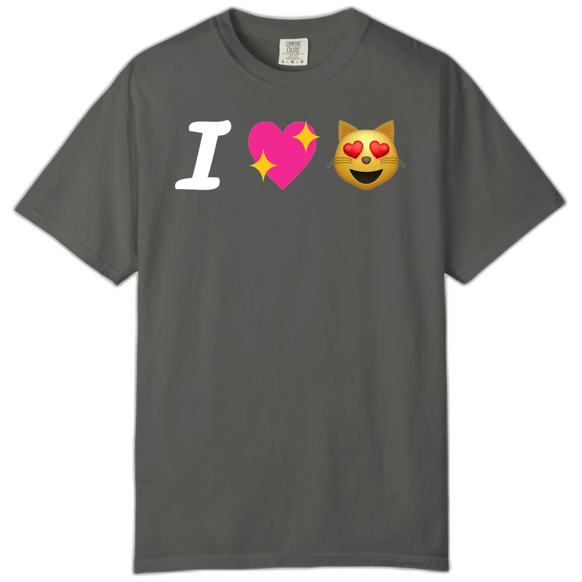 I love cats design with letter I, pink heart with sparkles, and smiling cat face with red heart eyes in Pepper