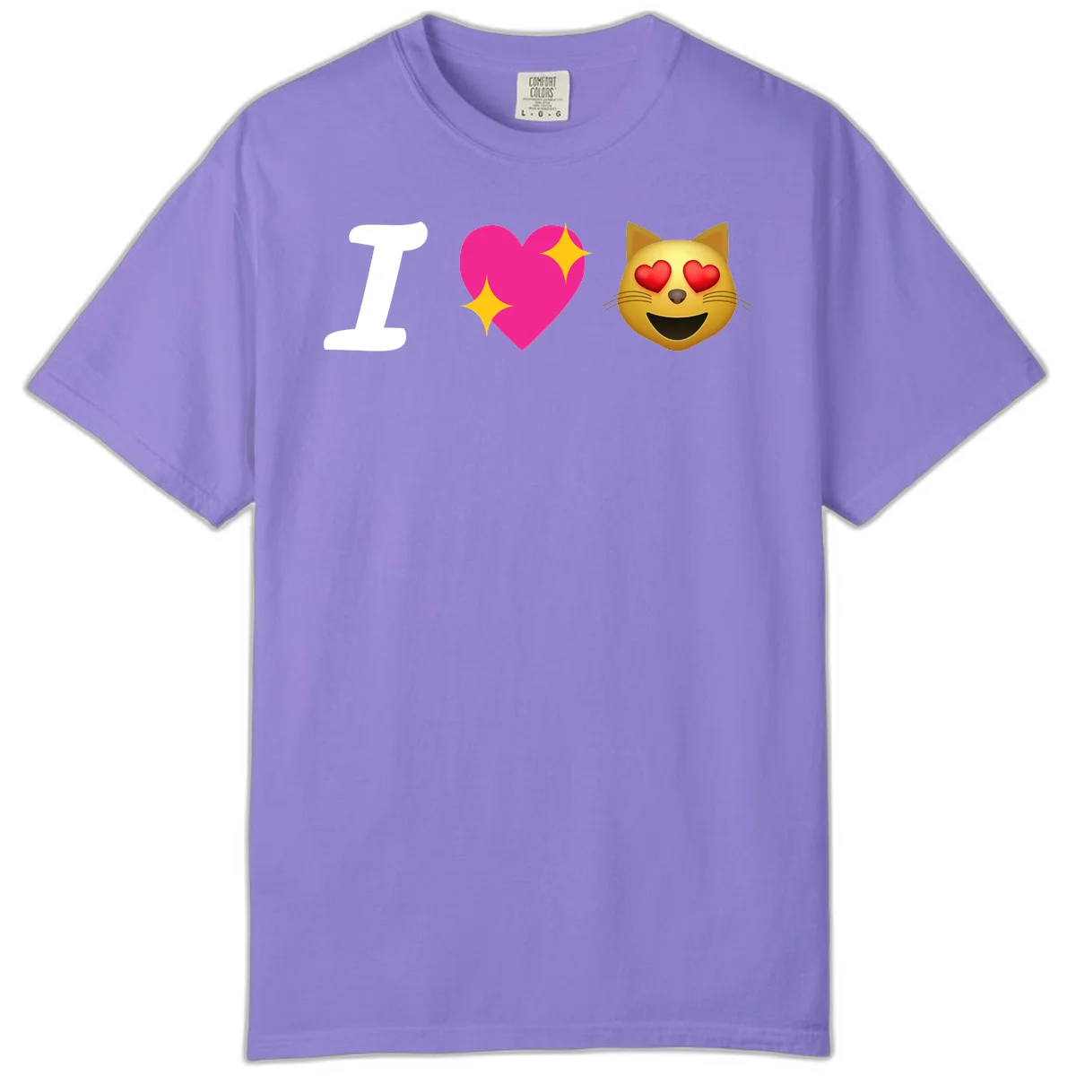 I love cats design with letter I, pink heart with sparkles, and smiling cat face with red heart eyes in Violet