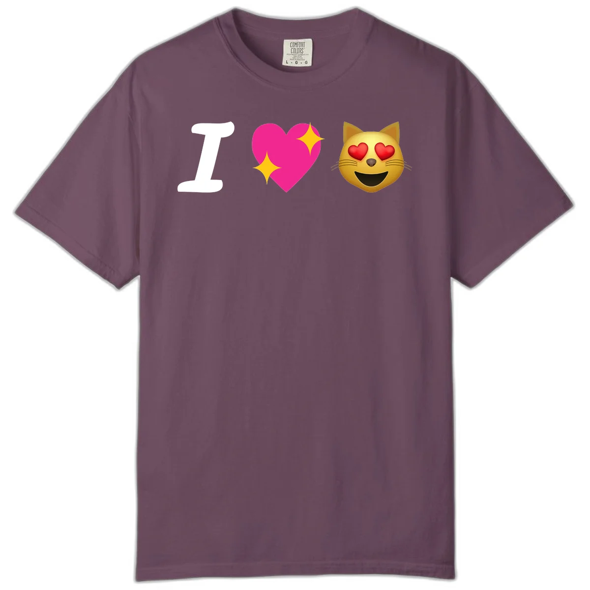 I love cats design with letter I, pink heart with sparkles, and smiling cat face with red heart eyes in Berry