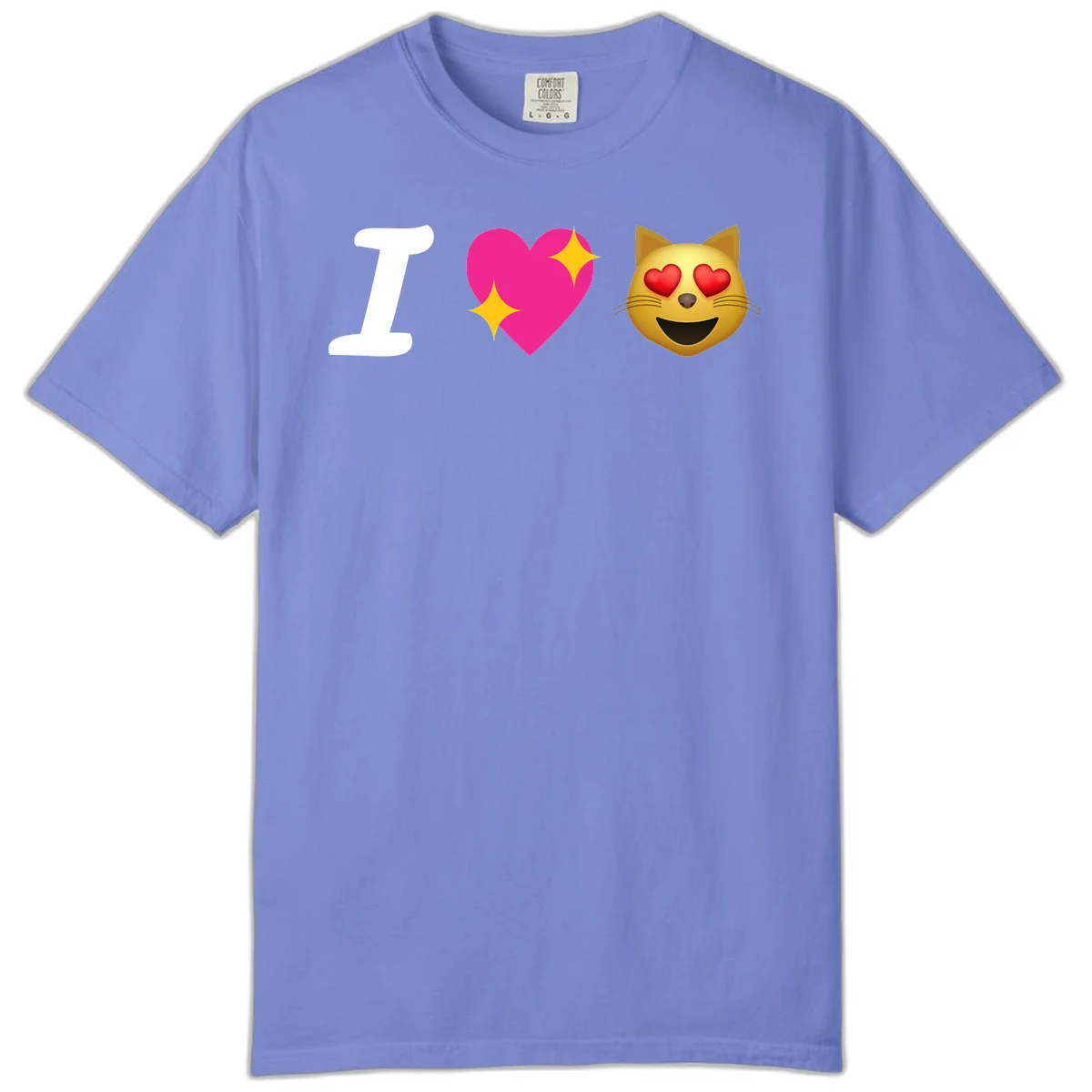I love cats design with letter I, pink heart with sparkles, and smiling cat face with red heart eyes in Flo Blue