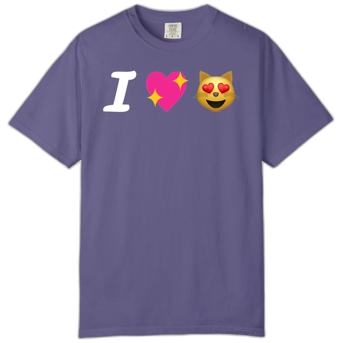 I love cats design with letter I, pink heart with sparkles, and smiling cat face with red heart eyes in Grape