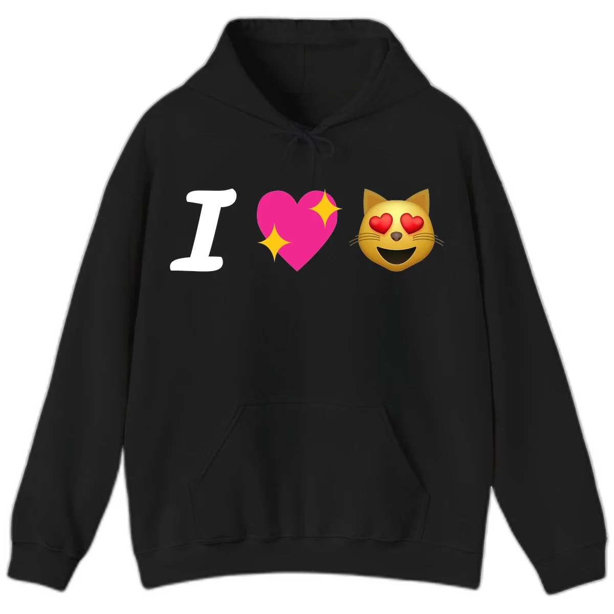 I love cats design with letter I, pink heart with sparkles, and smiling cat face with red heart eyes in Black