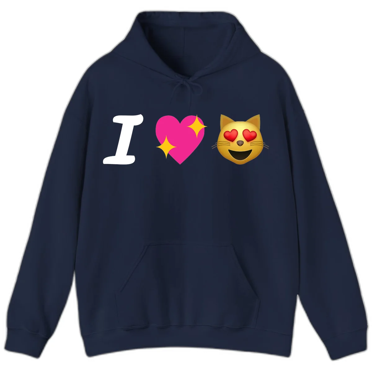 I love cats design with letter I, pink heart with sparkles, and smiling cat face with red heart eyes in Navy