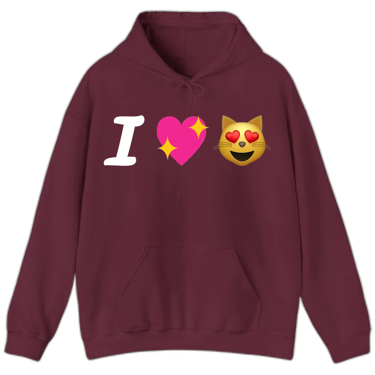 I love cats design with letter I, pink heart with sparkles, and smiling cat face with red heart eyes in Maroon