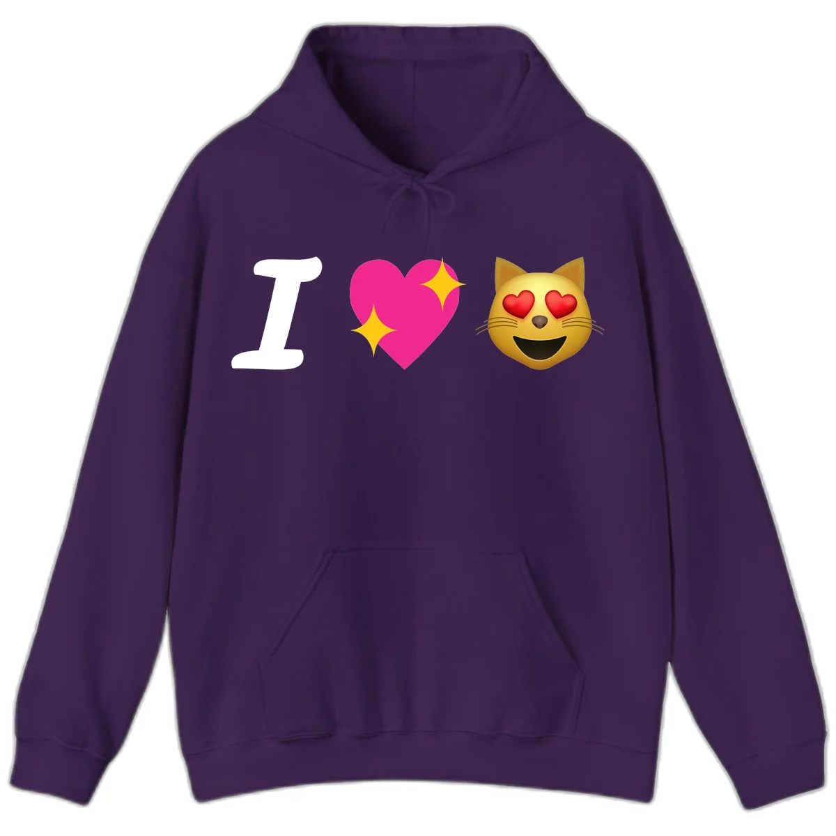 I love cats design with letter I, pink heart with sparkles, and smiling cat face with red heart eyes in Purple