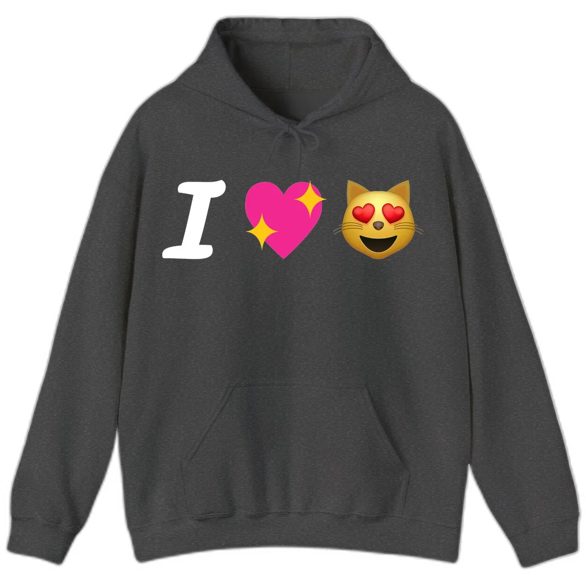 I love cats design with letter I, pink heart with sparkles, and smiling cat face with red heart eyes in Dark Heather