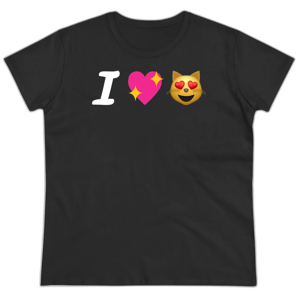 I love cats design with letter I, pink heart with sparkles, and smiling cat face with red heart eyes in Black