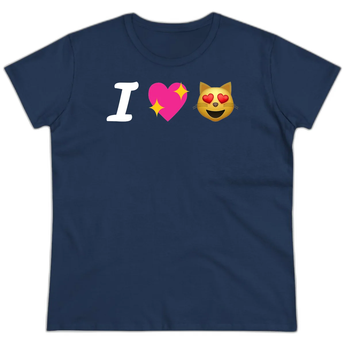 I love cats design with letter I, pink heart with sparkles, and smiling cat face with red heart eyes in Navy
