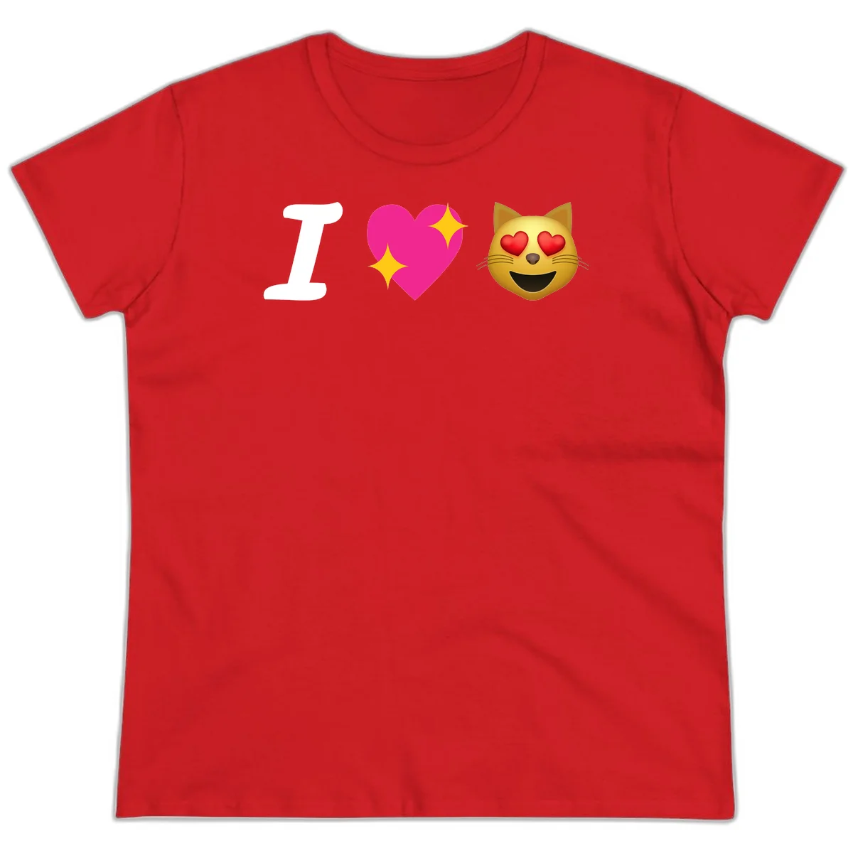 I love cats design with letter I, pink heart with sparkles, and smiling cat face with red heart eyes in Red
