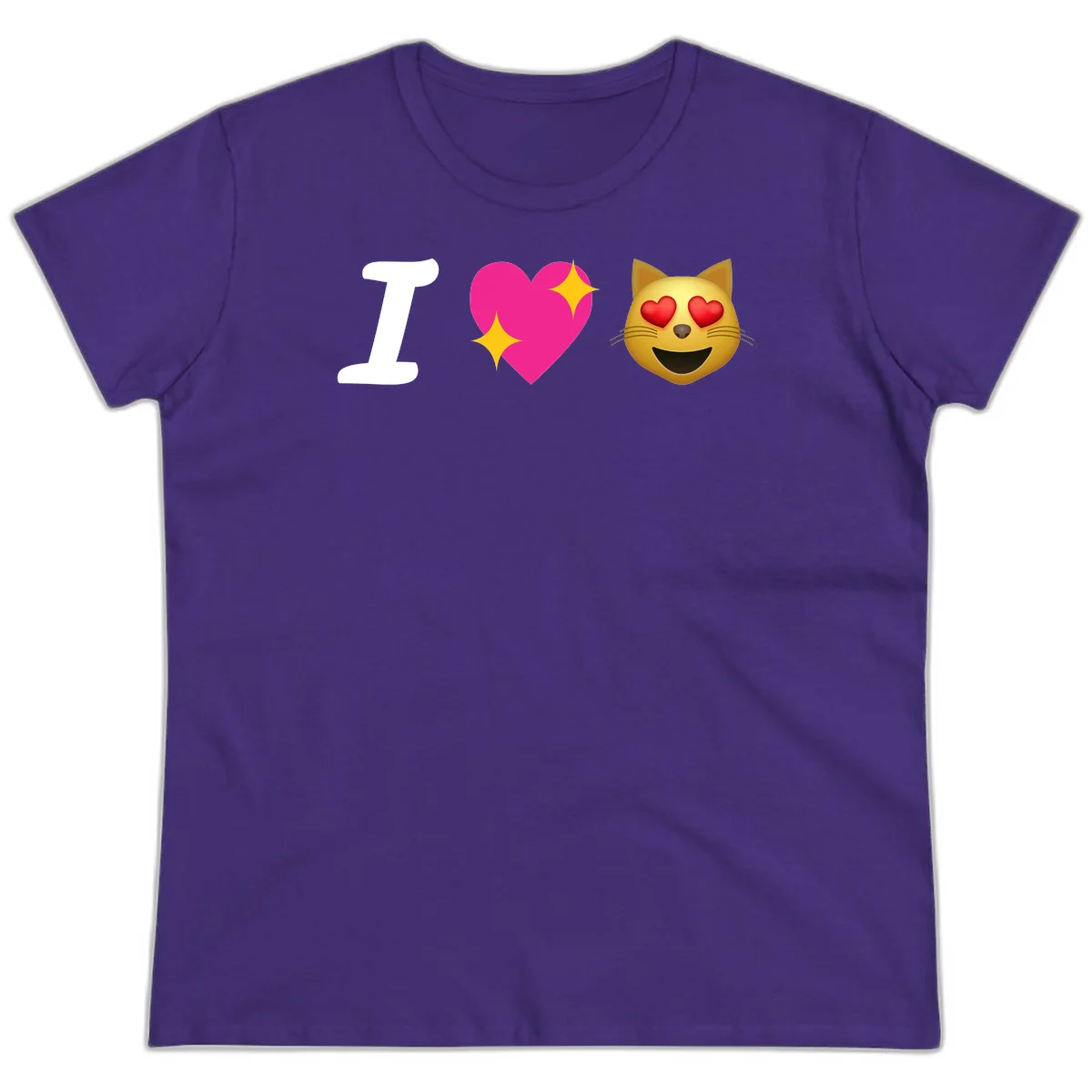 I love cats design with letter I, pink heart with sparkles, and smiling cat face with red heart eyes in Purple