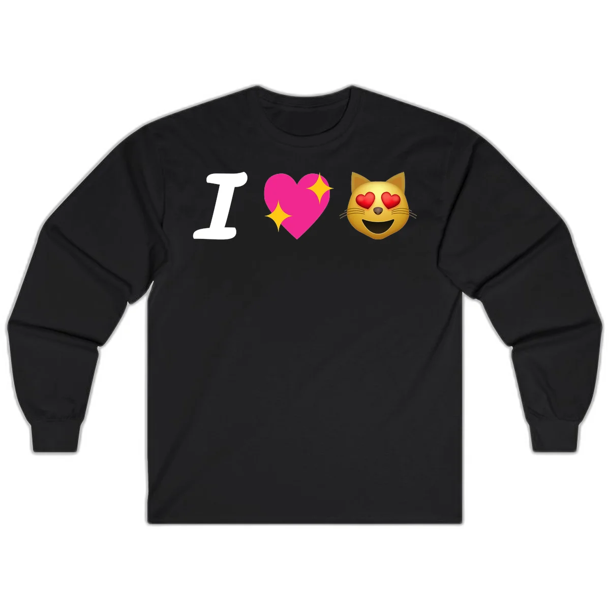 I love cats design with letter I, pink heart with sparkles, and smiling cat face with red heart eyes in Black