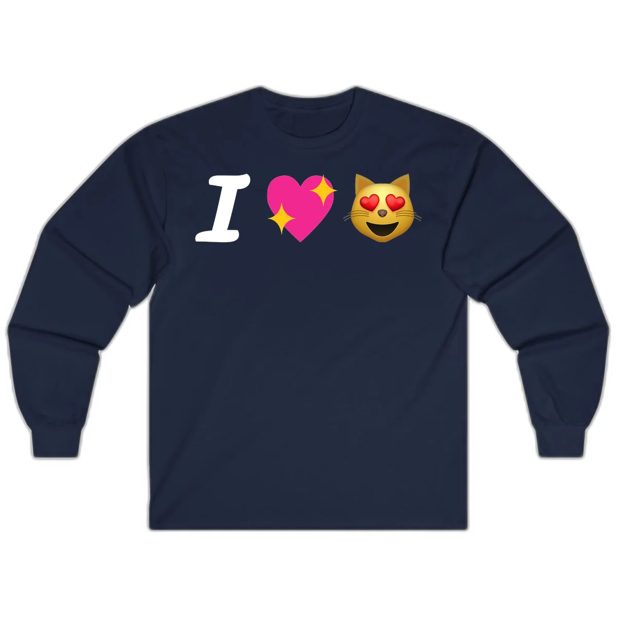 I love cats design with letter I, pink heart with sparkles, and smiling cat face with red heart eyes in Navy