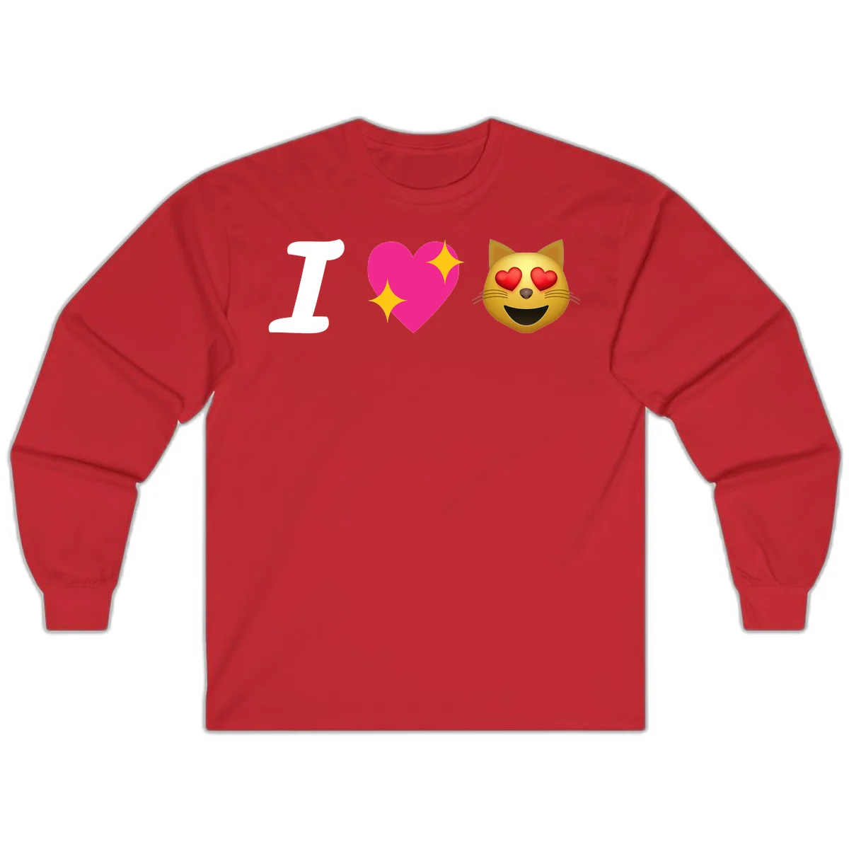 I love cats design with letter I, pink heart with sparkles, and smiling cat face with red heart eyes in Red