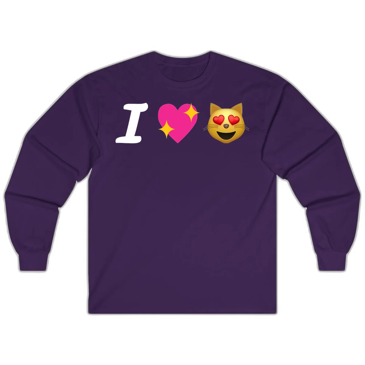I love cats design with letter I, pink heart with sparkles, and smiling cat face with red heart eyes in Purple
