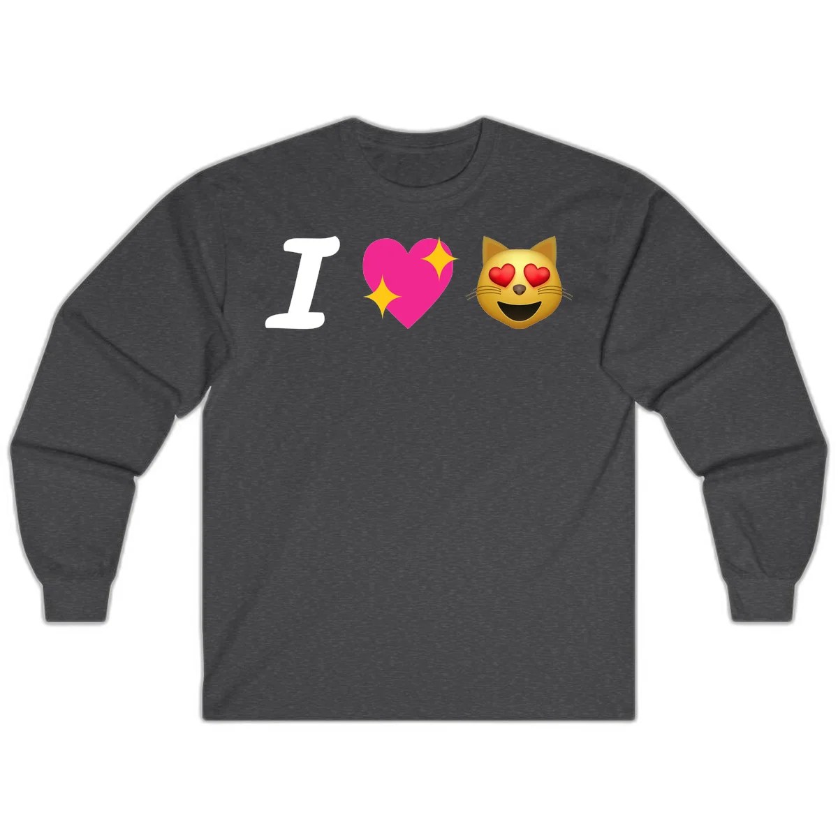 I love cats design with letter I, pink heart with sparkles, and smiling cat face with red heart eyes in Dark Heather