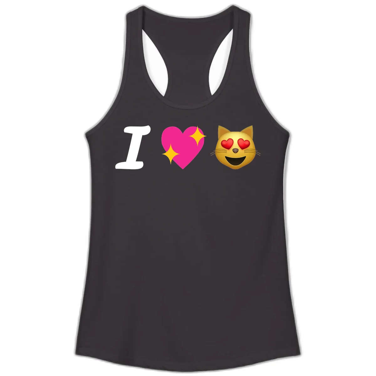 I love cats design with letter I, pink heart with sparkles, and smiling cat face with red heart eyes in Black