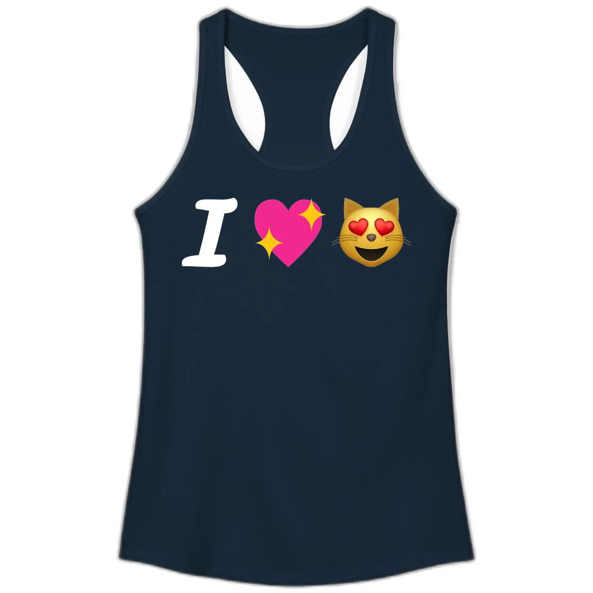 I love cats design with letter I, pink heart with sparkles, and smiling cat face with red heart eyes in Solid Midnight Navy