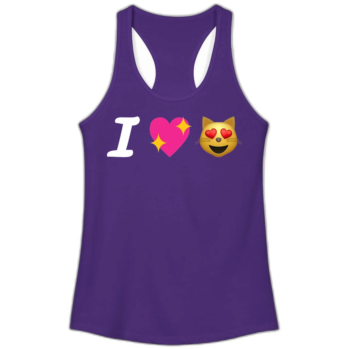I love cats design with letter I, pink heart with sparkles, and smiling cat face with red heart eyes in Solid Purple Rush